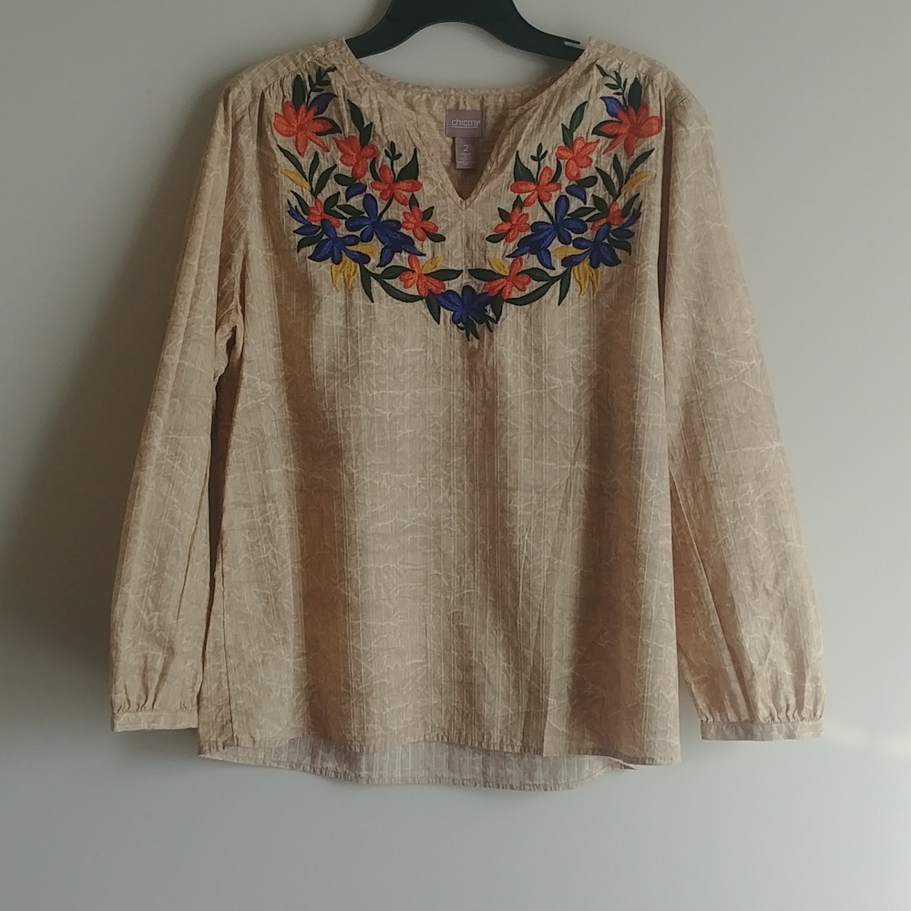 Chico's Crackle Wash Embroidered Popover Top